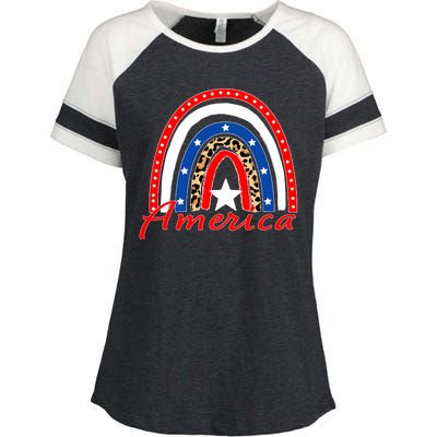 Rainbow Leopard American Flag 4th of July Enza Ladies Jersey Colorblock Tee