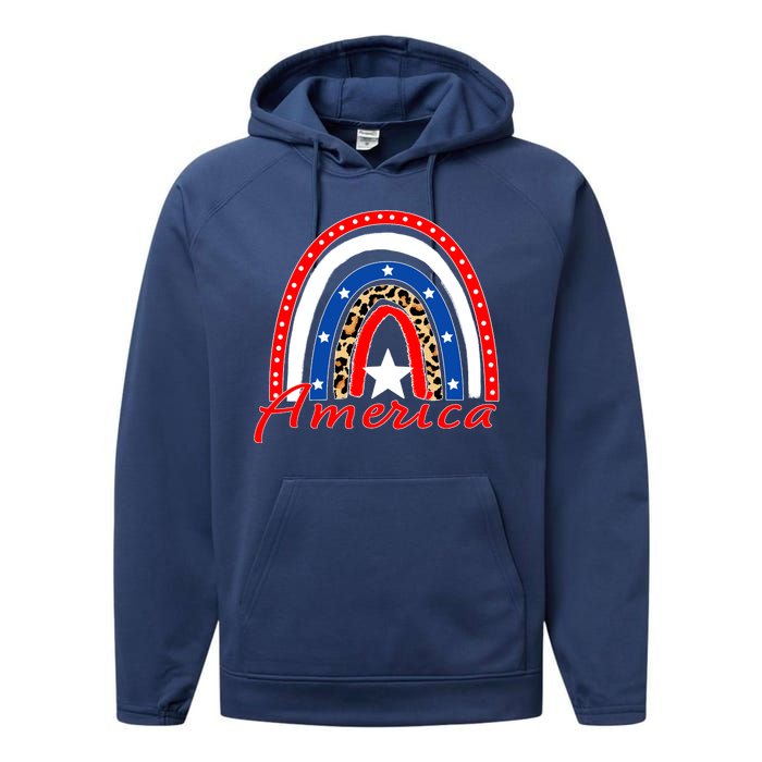 Rainbow Leopard American Flag 4th of July Performance Fleece Hoodie