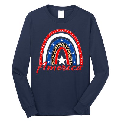 Rainbow Leopard American Flag 4th of July Long Sleeve Shirt