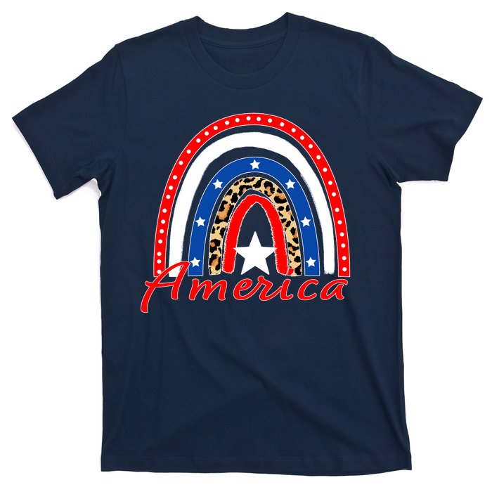 Rainbow Leopard American Flag 4th of July T-Shirt