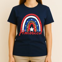 Rainbow Leopard American Flag 4th of July T-Shirt