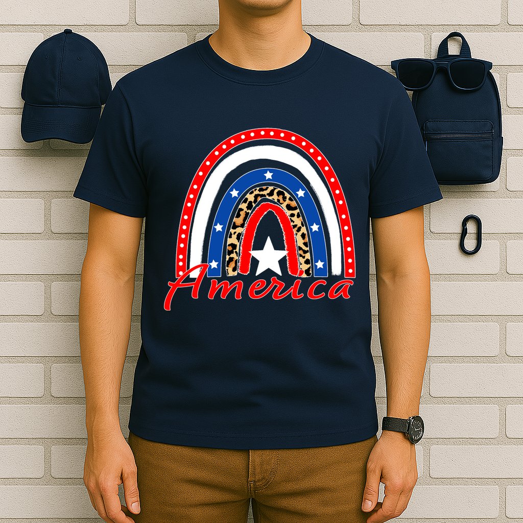 Rainbow Leopard American Flag 4th of July T-Shirt