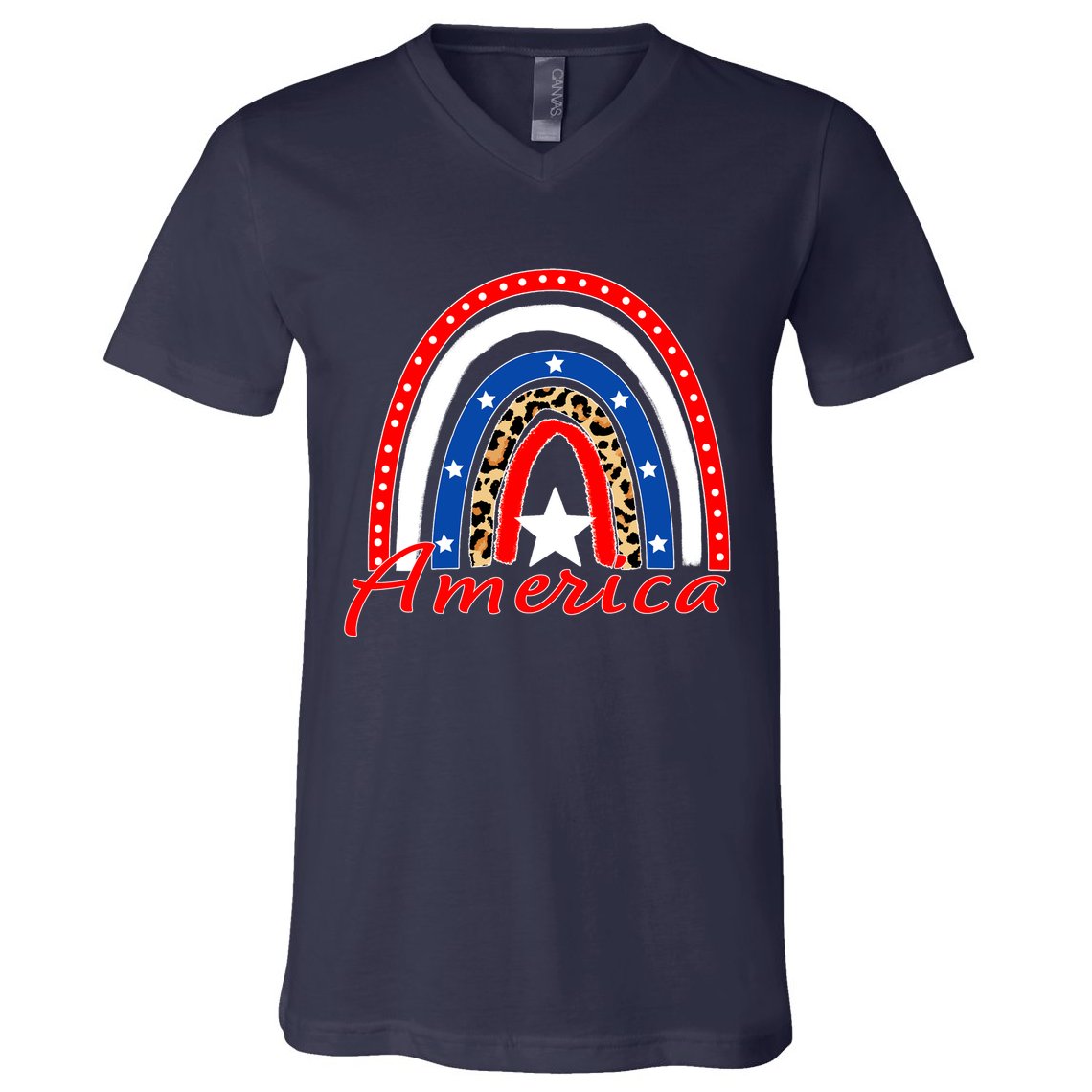 Rainbow Leopard American Flag 4th of July V-Neck T-Shirt