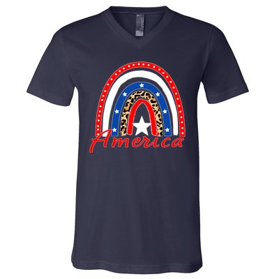 Rainbow Leopard American Flag 4th of July V-Neck T-Shirt