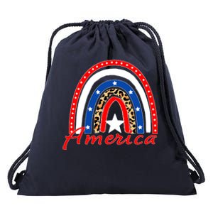 Rainbow Leopard American Flag 4th of July Drawstring Bag