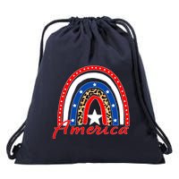 Rainbow Leopard American Flag 4th of July Drawstring Bag