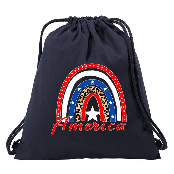 Rainbow Leopard American Flag 4th of July Drawstring Bag