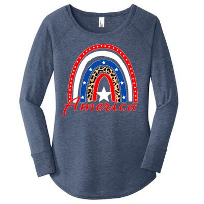 Rainbow Leopard American Flag 4th of July Women's Perfect Tri Tunic Long Sleeve Shirt