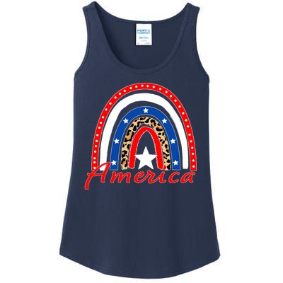 Rainbow Leopard American Flag 4th of July Ladies Essential Tank