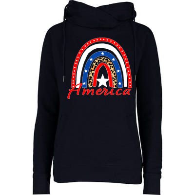 Rainbow Leopard American Flag 4th of July Womens Funnel Neck Pullover Hood