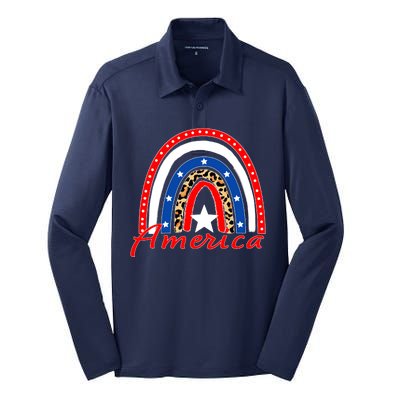 Rainbow Leopard American Flag 4th of July Silk Touch Performance Long Sleeve Polo