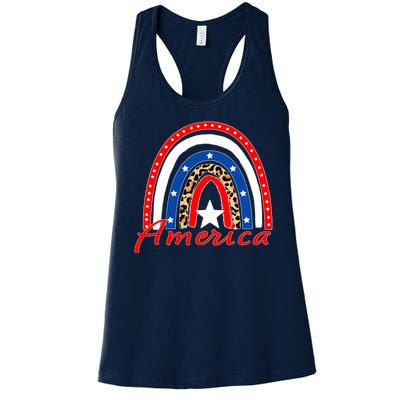 Rainbow Leopard American Flag 4th of July Women's Racerback Tank