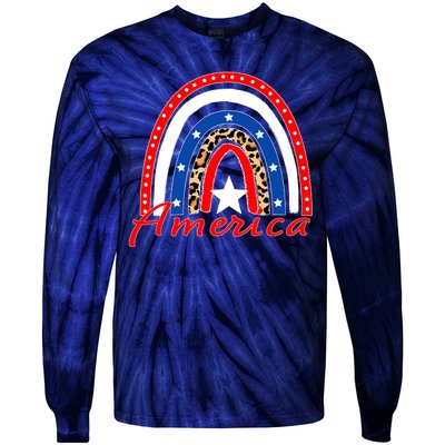 Rainbow Leopard American Flag 4th of July Tie-Dye Long Sleeve Shirt