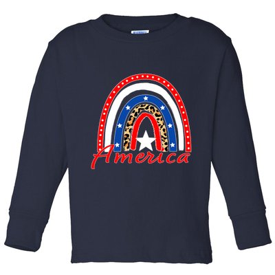 Rainbow Leopard American Flag 4th of July Toddler Long Sleeve Shirt