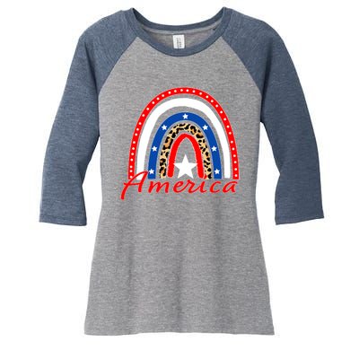 Rainbow Leopard American Flag 4th of July Women's Tri-Blend 3/4-Sleeve Raglan Shirt