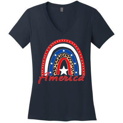 Rainbow Leopard American Flag 4th of July Women's V-Neck T-Shirt