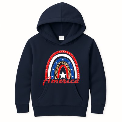 Rainbow Leopard American Flag 4th of July Kids Hoodie