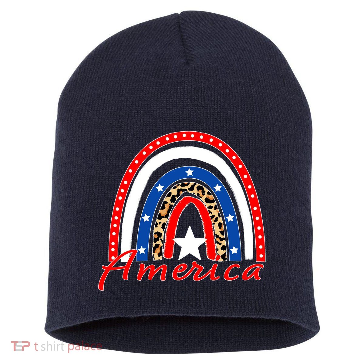 Rainbow Leopard American Flag 4th of July Short Acrylic Beanie