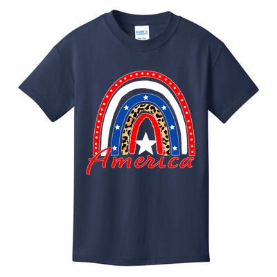 Rainbow Leopard American Flag 4th of July Kids T-Shirt