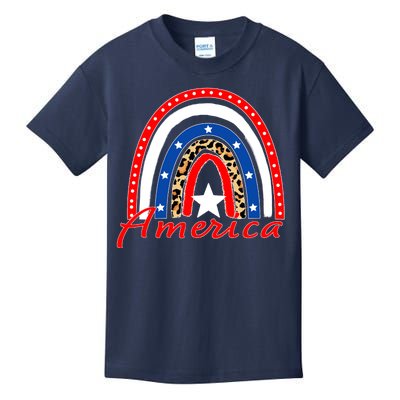 Rainbow Leopard American Flag 4th of July Kids T-Shirt