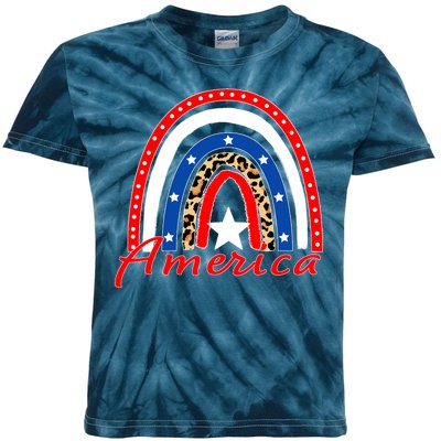 Rainbow Leopard American Flag 4th of July Kids Tie-Dye T-Shirt