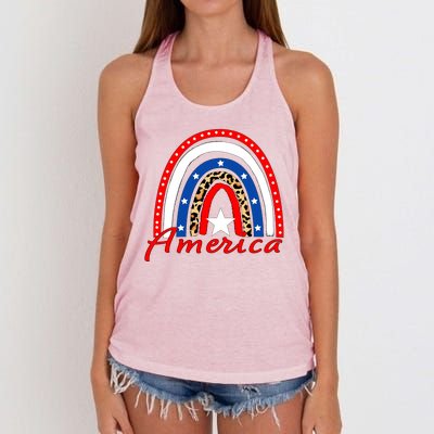 Rainbow Leopard American Flag 4th of July Women's Knotted Racerback Tank