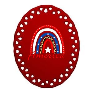 Rainbow Leopard American Flag 4th of July Ceramic Oval Ornament