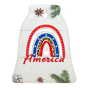 Rainbow Leopard American Flag 4th of July Ceramic Bell Ornament