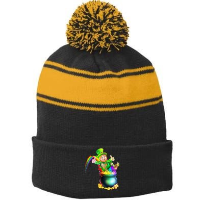 Rainbow Leprechaun Sliding Into A Pot Of  Gold Stripe Pom Pom Beanie