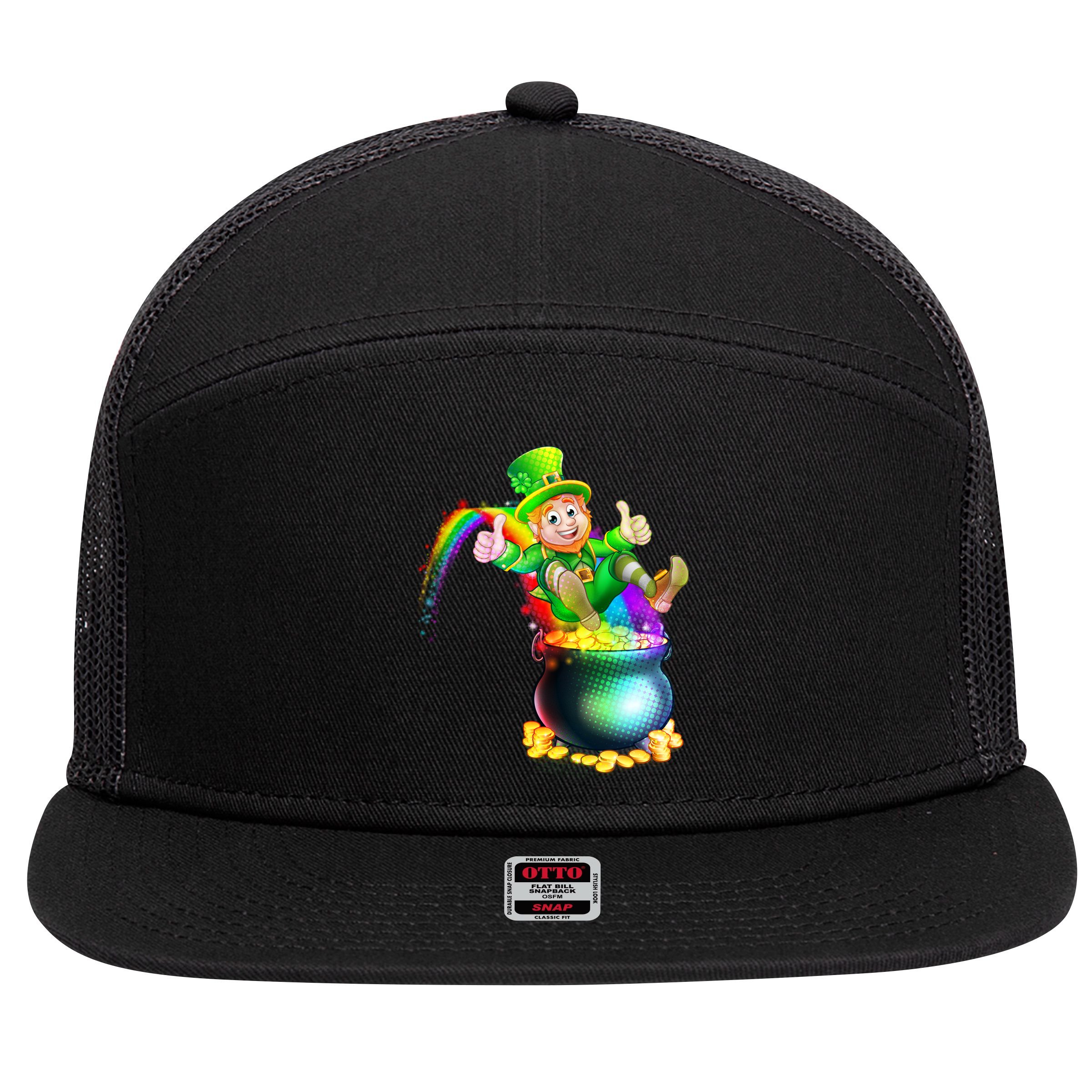 Rainbow Leprechaun Sliding Into A Pot Of  Gold 7 Panel Mesh Trucker Snapback Hat