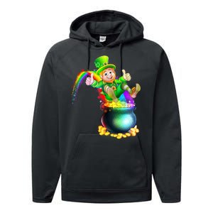 Rainbow Leprechaun Sliding Into A Pot Of  Gold Performance Fleece Hoodie