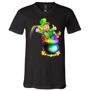 Rainbow Leprechaun Sliding Into A Pot Of  Gold V-Neck T-Shirt