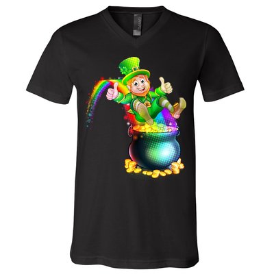 Rainbow Leprechaun Sliding Into A Pot Of  Gold V-Neck T-Shirt