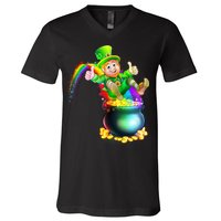 Rainbow Leprechaun Sliding Into A Pot Of  Gold V-Neck T-Shirt