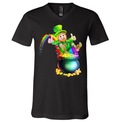 Rainbow Leprechaun Sliding Into A Pot Of  Gold V-Neck T-Shirt