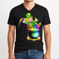 Rainbow Leprechaun Sliding Into A Pot Of  Gold V-Neck T-Shirt