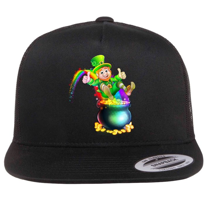 Rainbow Leprechaun Sliding Into A Pot Of  Gold Flat Bill Trucker Hat