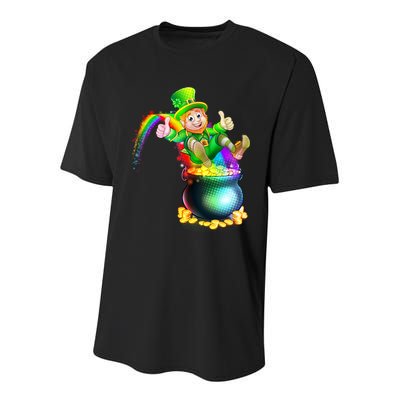 Rainbow Leprechaun Sliding Into A Pot Of  Gold Youth Performance Sprint T-Shirt