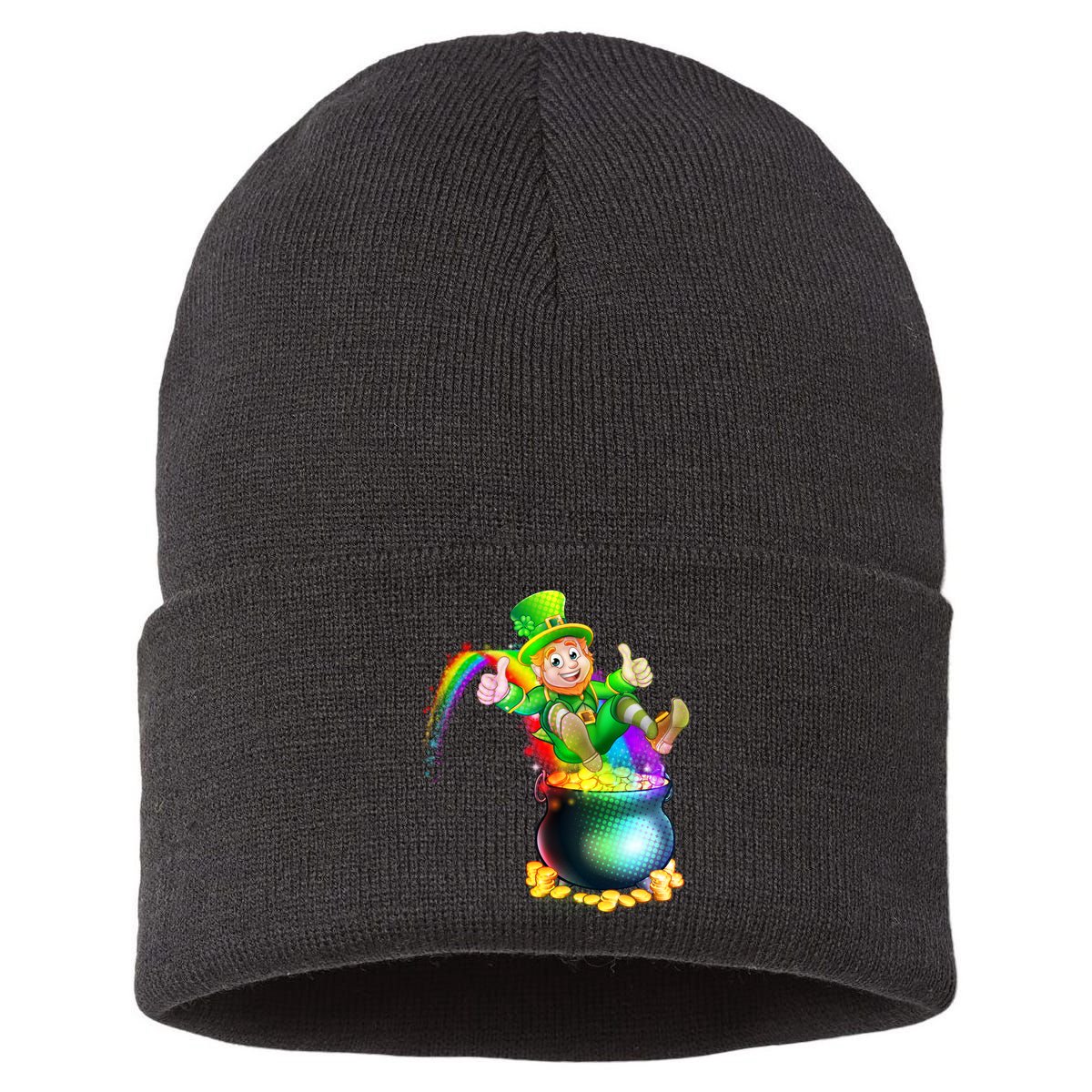 Rainbow Leprechaun Sliding Into A Pot Of  Gold Sustainable Knit Beanie