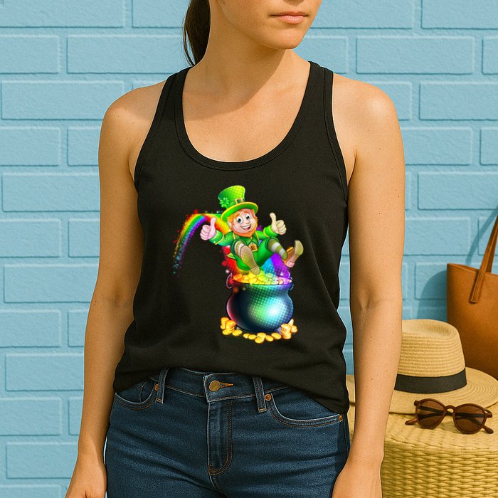 Rainbow Leprechaun Sliding Into A Pot Of  Gold Womens Tank Top