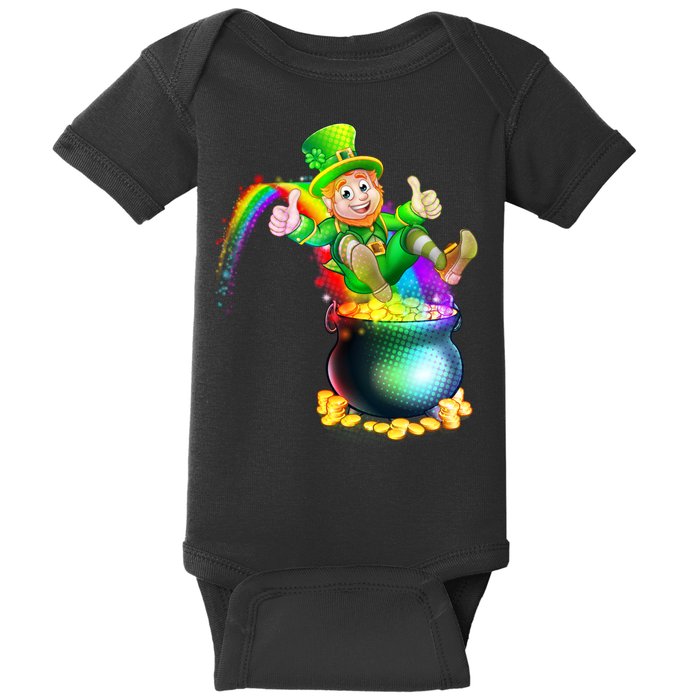 Rainbow Leprechaun Sliding Into A Pot Of  Gold Baby Bodysuit