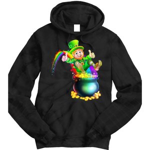 Rainbow Leprechaun Sliding Into A Pot Of  Gold Tie Dye Hoodie