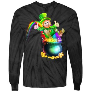 Rainbow Leprechaun Sliding Into A Pot Of  Gold Tie-Dye Long Sleeve Shirt