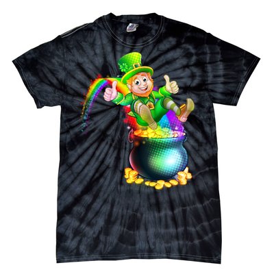 Rainbow Leprechaun Sliding Into A Pot Of  Gold Tie-Dye T-Shirt