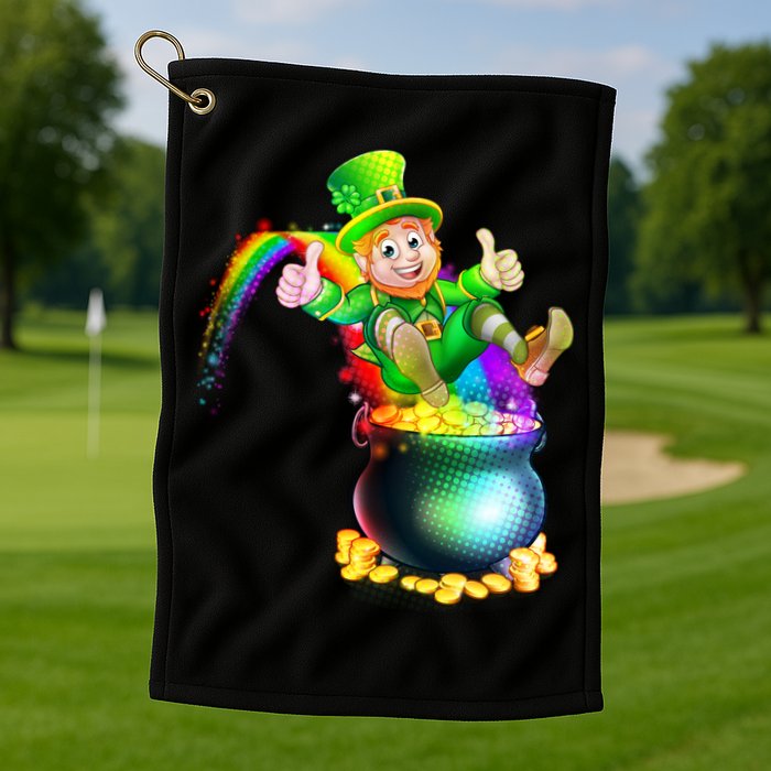 Rainbow Leprechaun Sliding Into A Pot Of  Gold Golf Towel