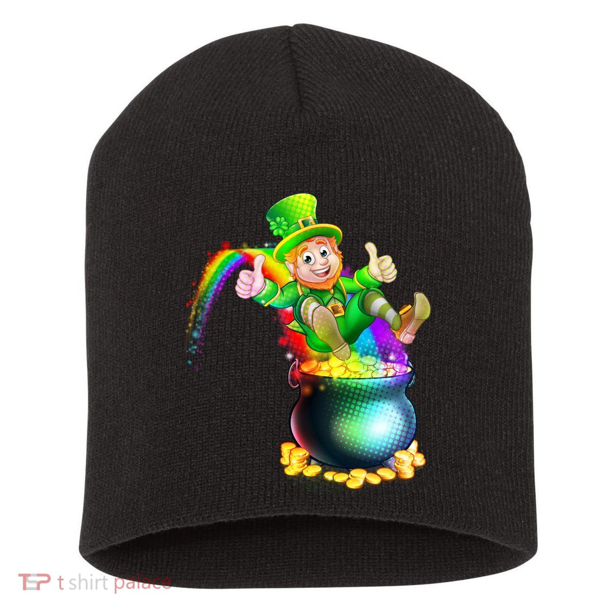 Rainbow Leprechaun Sliding Into A Pot Of  Gold Short Acrylic Beanie
