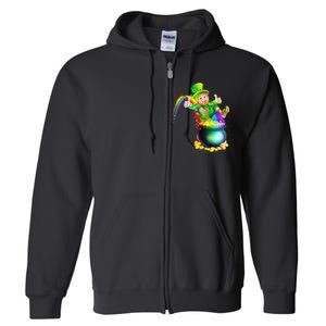 Rainbow Leprechaun Sliding Into A Pot Of  Gold Full Zip Hoodie