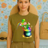 Rainbow Leprechaun Sliding Into A Pot Of  Gold Garment-Dyed Women's Muscle Tee