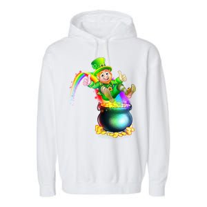 Rainbow Leprechaun Sliding Into A Pot Of  Gold Garment-Dyed Fleece Hoodie