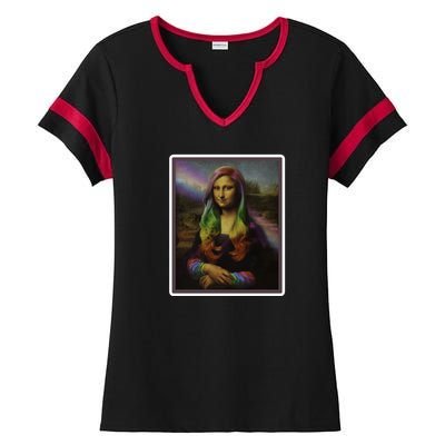 Rainbow Mona Lisa Art Painting Ladies Halftime Notch Neck Tee